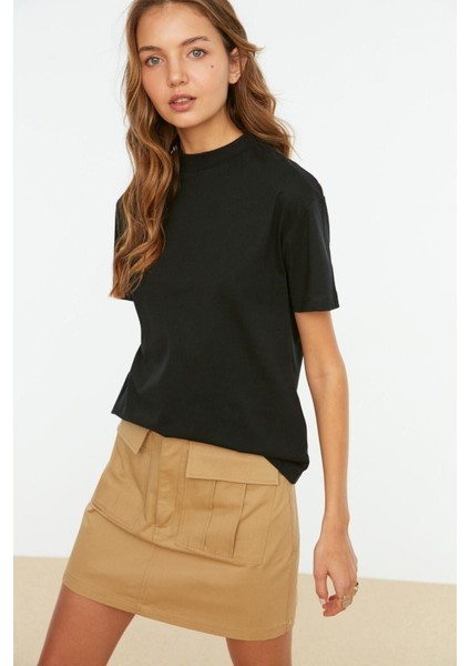 %100 Organik Pamuk Kadın Siyah Basic Ribana'lı Dik Yaka Örme T-Shirt modelleri