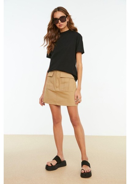 %100 Organik Pamuk Kadın Siyah Basic Ribana'lı Dik Yaka Örme T-Shirt fırsatları