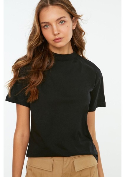 %100 Organik Pamuk Kadın Siyah Basic Ribana'lı Dik Yaka Örme T-Shirt indirimleri