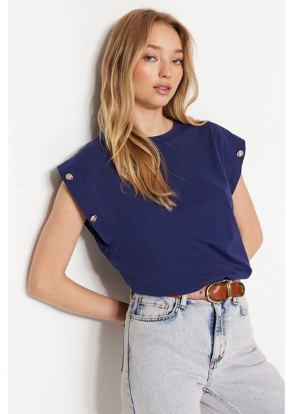 Lacivert %100 Pamuk Düğmeli Vatka Görünümlü Basic Bisiklet Yaka Örme T-Shirt