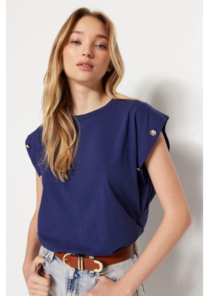 Lacivert %100 Pamuk Düğmeli Vatka Görünümlü Basic Bisiklet Yaka Örme T-Shirt modelleri