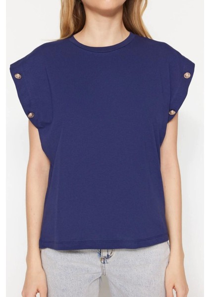 Lacivert %100 Pamuk Düğmeli Vatka Görünümlü Basic Bisiklet Yaka Örme T-Shirt fırsatları