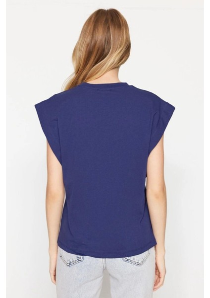 Lacivert %100 Pamuk Düğmeli Vatka Görünümlü Basic Bisiklet Yaka Örme T-Shirt indirimleri
