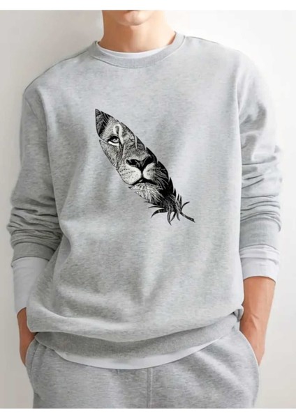 Erkek Aslan Baskılı Siyah Beyaz Gri Bisiklet Yaka Oversize Sweatshirt