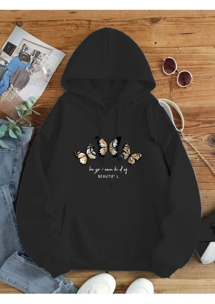 3 Kelebek Desenli 2 Iplik Şardonlu Kapüşonlu Cepli Pamuklu Sweatshirt