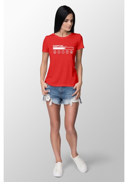 Shopping.. Baskılı Dar Kesim Kadın Kırmızı T-Shirt