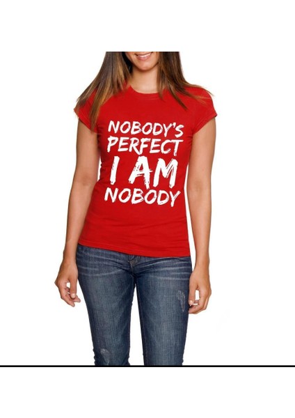 Nobody Baskılı Dar Kesim Kadın Kırmızı T-Shirt