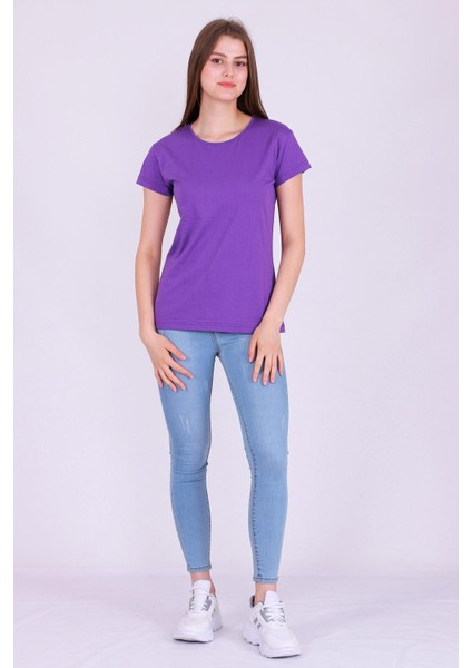 Mor Renk %100 Pamuk Bisiklet Yaka Basic Baskısız Kadın Örme Kısa Kollu Tshirt