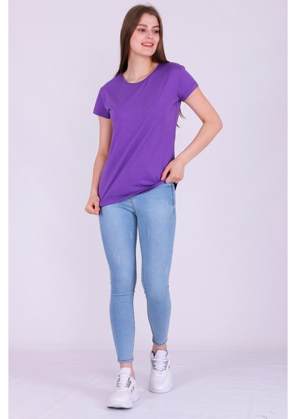 Mor Renk %100 Pamuk Bisiklet Yaka Basic Baskısız Kadın Örme Kısa Kollu Tshirt
