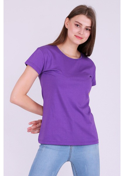 Mor Renk %100 Pamuk Bisiklet Yaka Basic Baskısız Kadın Örme Kısa Kollu Tshirt