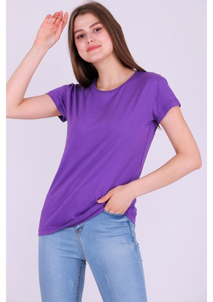 Mor Renk %100 Pamuk Bisiklet Yaka Basic Baskısız Kadın Örme Kısa Kollu Tshirt