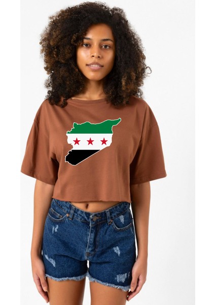 Suriye Yeni Bayrak Kahverengi Kadın Crop Tshirt