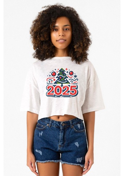 Happy New Year 2025 Essential Beyaz Kırçıllı Kadın Crop Tshirt