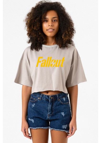 Fallout Lettern Taş Rengi Kadın Crop Kapşonlu