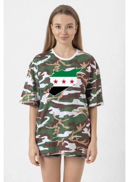 Suriye Yeni Bayrak Kamuflaj Kadın Oversize Tshirt