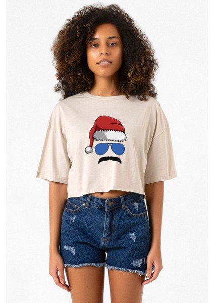 Mustache Christmas Hero Bej Kadın Crop Tshirt