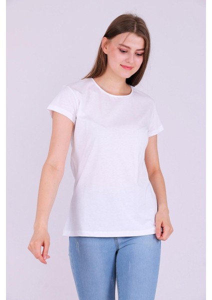 Beyaz Renk %100 Pamuk Bisiklet Yaka Basic Baskısız Kadın Örme Kısa Kollu Tshirt