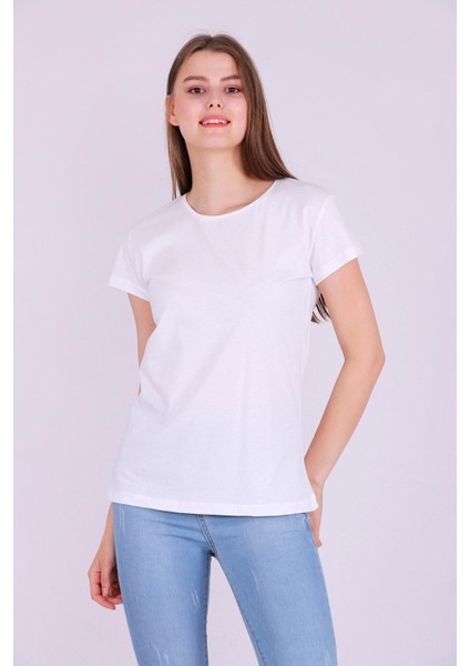 Beyaz Renk %100 Pamuk Bisiklet Yaka Basic Baskısız Kadın Örme Kısa Kollu Tshirt fiyatları