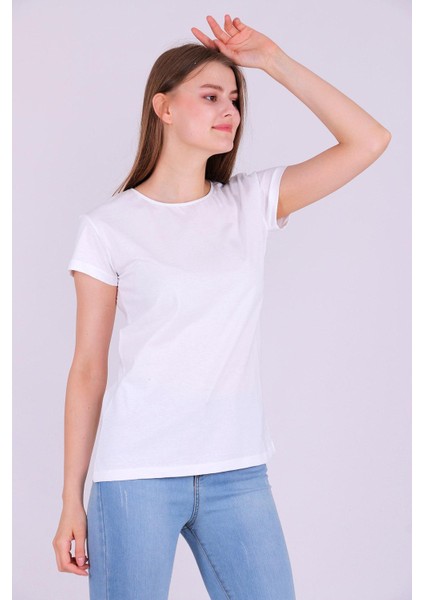 Beyaz Renk %100 Pamuk Bisiklet Yaka Basic Baskısız Kadın Örme Kısa Kollu Tshirt modelleri