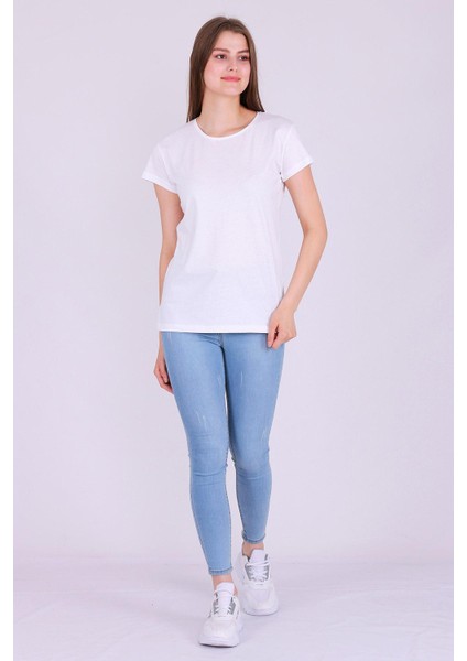 Beyaz Renk %100 Pamuk Bisiklet Yaka Basic Baskısız Kadın Örme Kısa Kollu Tshirt fırsatları