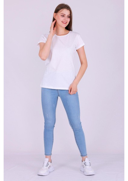 Beyaz Renk %100 Pamuk Bisiklet Yaka Basic Baskısız Kadın Örme Kısa Kollu Tshirt indirimleri