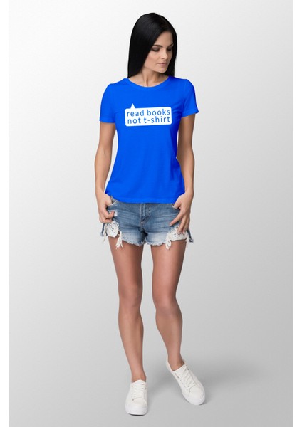 Read Books Baskılı Dar Kesim Kadın Mavi T-Shirt