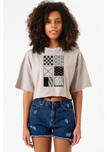 Demon Slayer Anime Patterns Taş Rengi Kadın Crop Kapşonlu