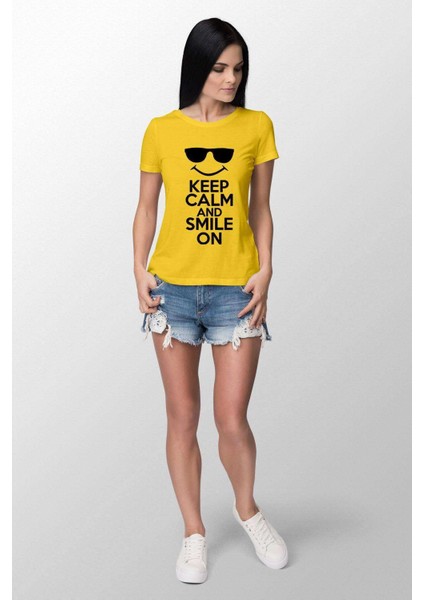 Smile On Baskılı Dar Kesim Kadın Sarı T-Shirt