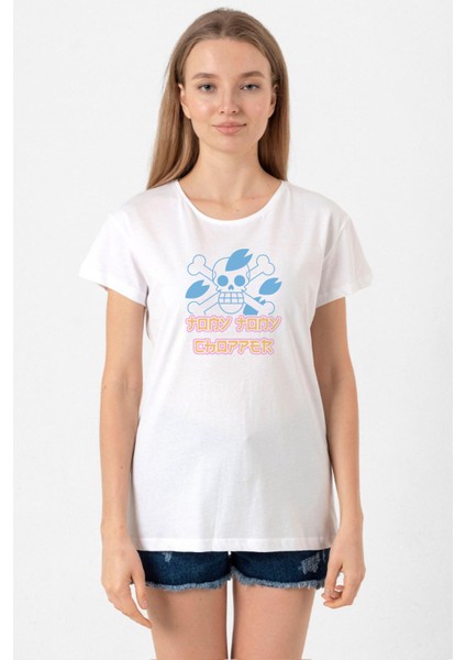 One Piece Anime Tony Tony Chopper Jolly Roger Beyaz Kadın Bisikletyaka Tshirt