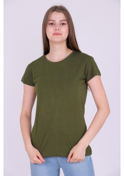 Haki Yeşil Renk %100 Pamuk Bisiklet Yaka Basic Baskısız Kadın Örme Kısa Kollu Tshirt