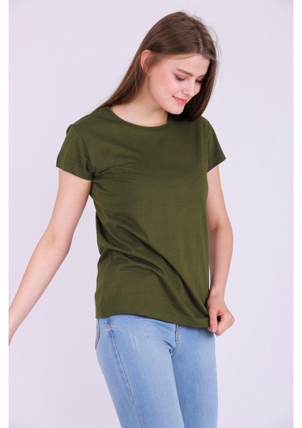 Haki Yeşil Renk %100 Pamuk Bisiklet Yaka Basic Baskısız Kadın Örme Kısa Kollu Tshirt fiyatları