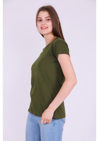 Haki Yeşil Renk %100 Pamuk Bisiklet Yaka Basic Baskısız Kadın Örme Kısa Kollu Tshirt modelleri