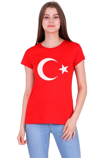 Türk Bayrak Ay Yıldız Baskılı Dar Kesim Kadın Kırmızı T-Shirt