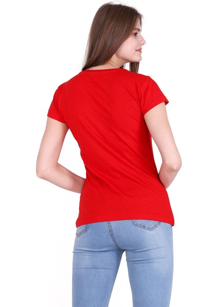 Türk Bayrak Ay Yıldız Baskılı Dar Kesim Kadın Kırmızı T-Shirt