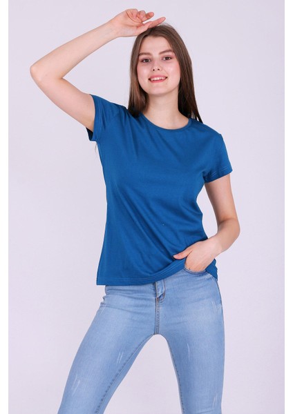 Indigo Mavi Renk %100 Pamuk Bisiklet Yaka Basic Baskısız Kadın Örme Kısa Kollu Tshirt