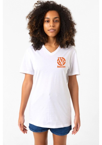 Rick And Morty Vindicators Beyaz Kadın V Yaka Tshirt