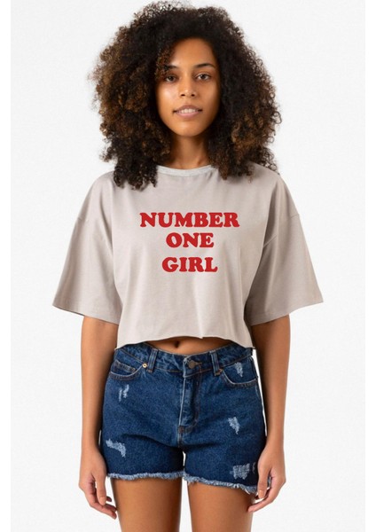 Rose Number One Girl Taş Rengi Kadın Crop Kapşonlu