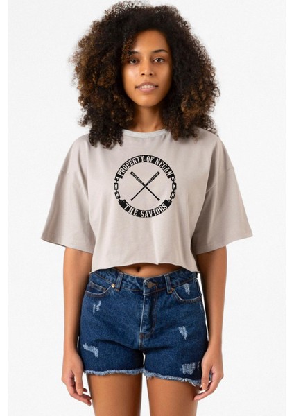 The Walking Dead Property Of Negan Taş Rengi Kadın Crop Kapşonlu