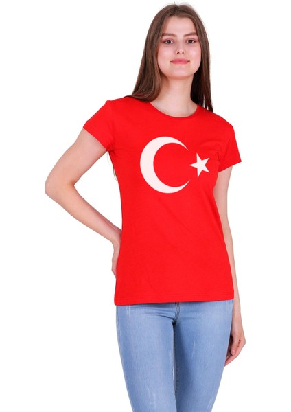 Türk Bayrak Ay Yıldız Baskılı Dar Kesim Kadın Kırmızı T-Shirt