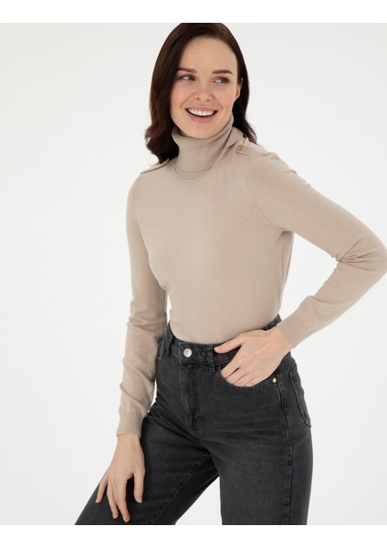 Kadın Bej Slim Fit Balıkçı Yaka Basic Kazak 50290579-VR011
