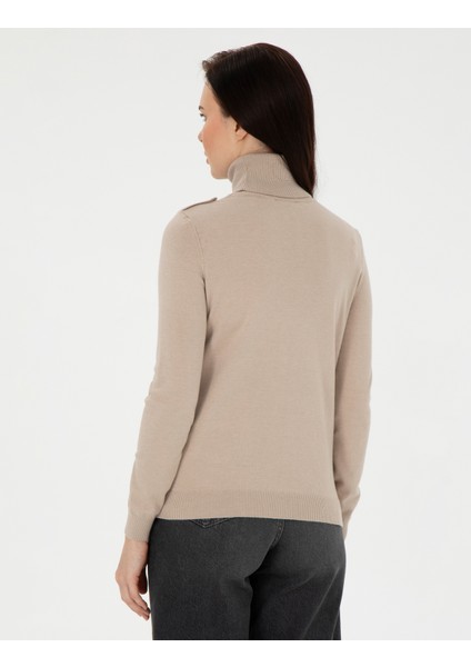 Kadın Bej Slim Fit Balıkçı Yaka Basic Kazak 50290579-VR011