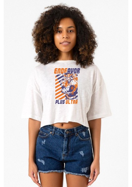 My Hero Academi Anime Endeavor Plus Ultra Beyaz Kırçıllı Kadın Crop Tshirt