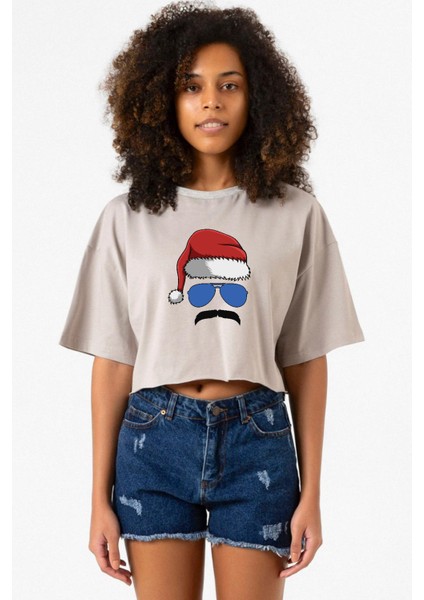 Mustache Christmas Hero Taş Rengi Kadın Crop Kapşonlu