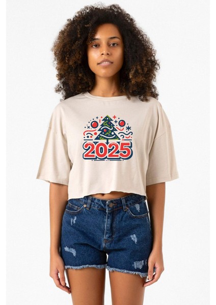 Happy New Year 2025 Essential Bej Kadın Crop Tshirt