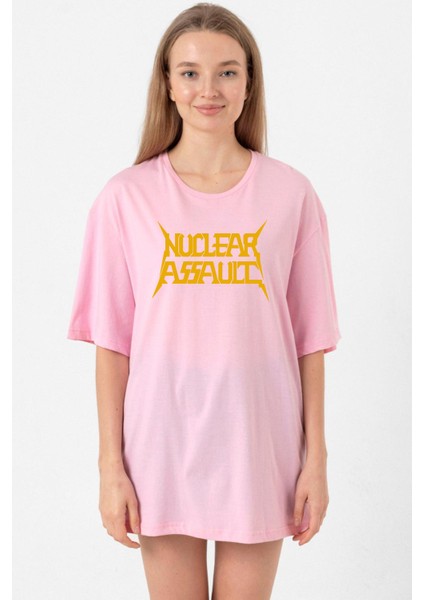 Nuclear Assault Lettern Pembe Kadın Oversize Tshirt