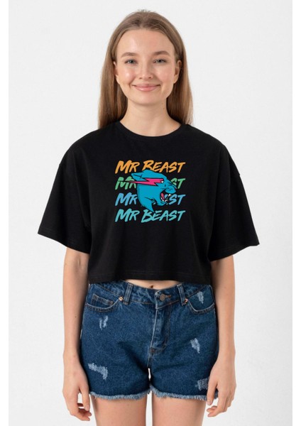 Mr Beast Lettern Siyah Kadın Crop Tshirt