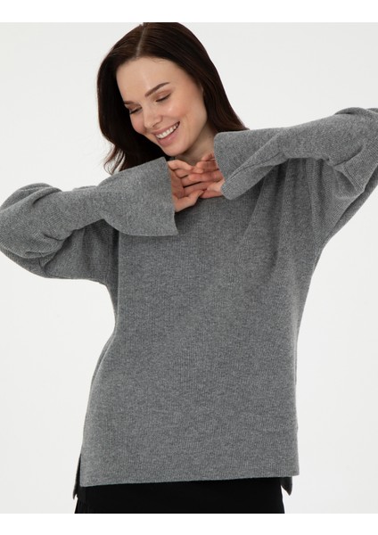 Kadın Gri Melanj Regular Fit Yün Kazak 50296484-VR086 modelleri