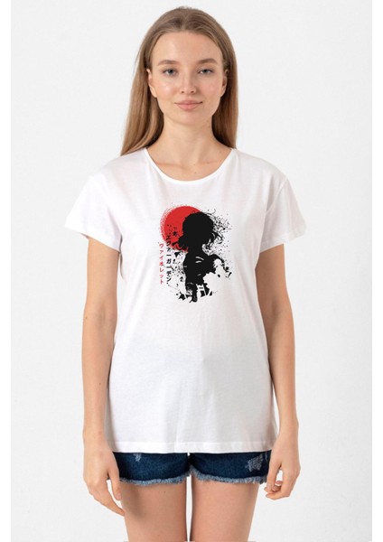 Violet Evergarden Anime Dark Poster Beyaz Kadın Bisikletyaka Tshirt