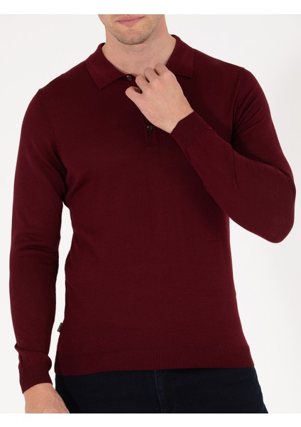 Erkek Kırmızı Slim Fit Polo Yaka Yün Karışımlı Basic Triko Kazak 50257322-VR030