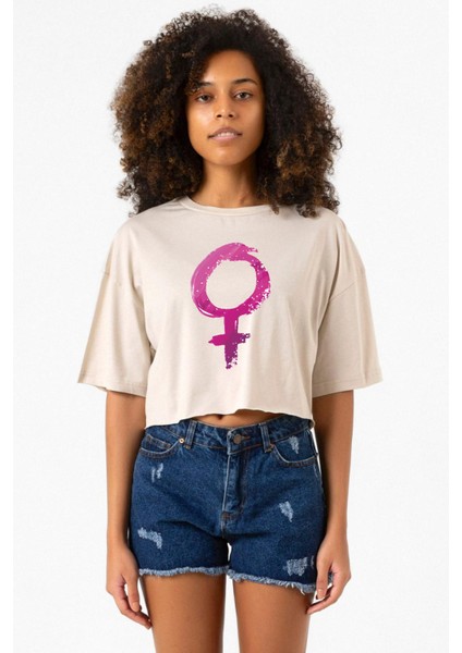 Purple Venus Symbol Bej Kadın Crop Tshirt